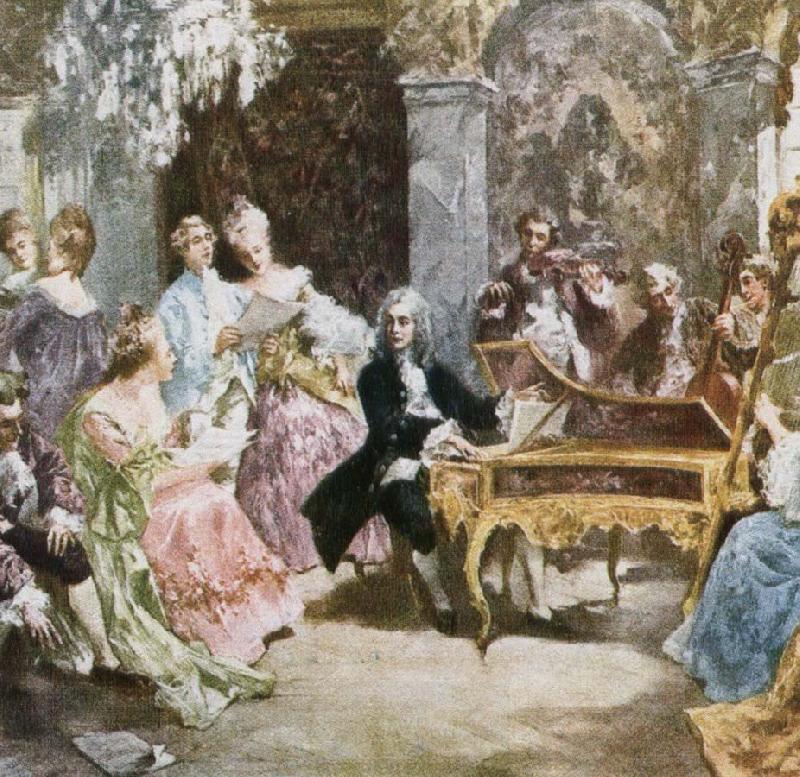 wolfgang amadeus mozart a romantic impression depicting handel making music at the keyboard with his friends. oil painting picture